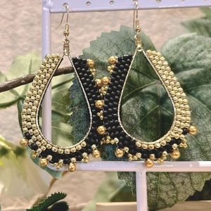 Black and Gold Handmade Seed Bead Hoop Earrings